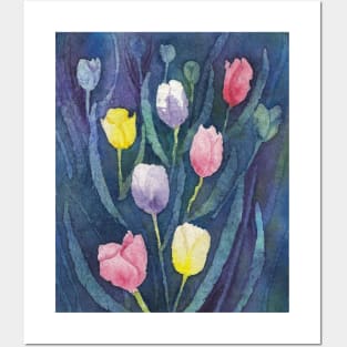 Colorful Tulips in Watercolor Batik Posters and Art